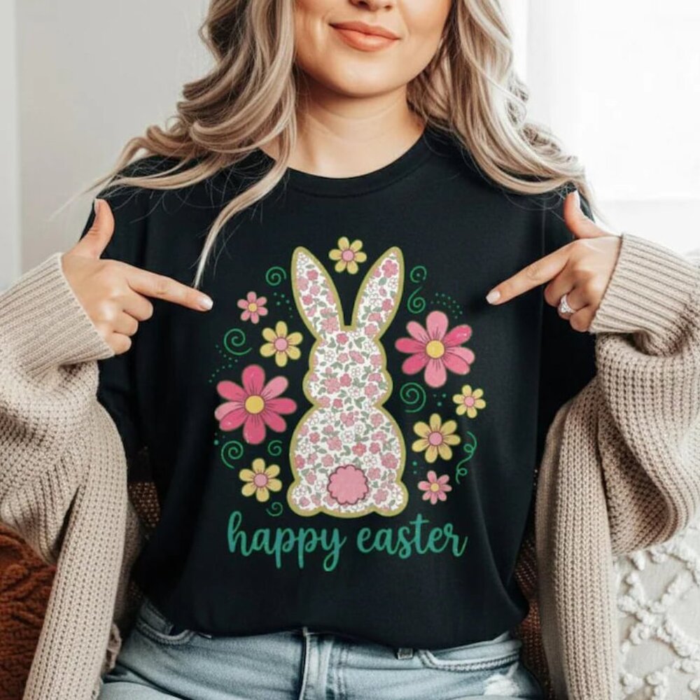 Floral Easter Bunny Tshirt, Happy Easter Shirt, Spring Bunny Tee, Cute Gift